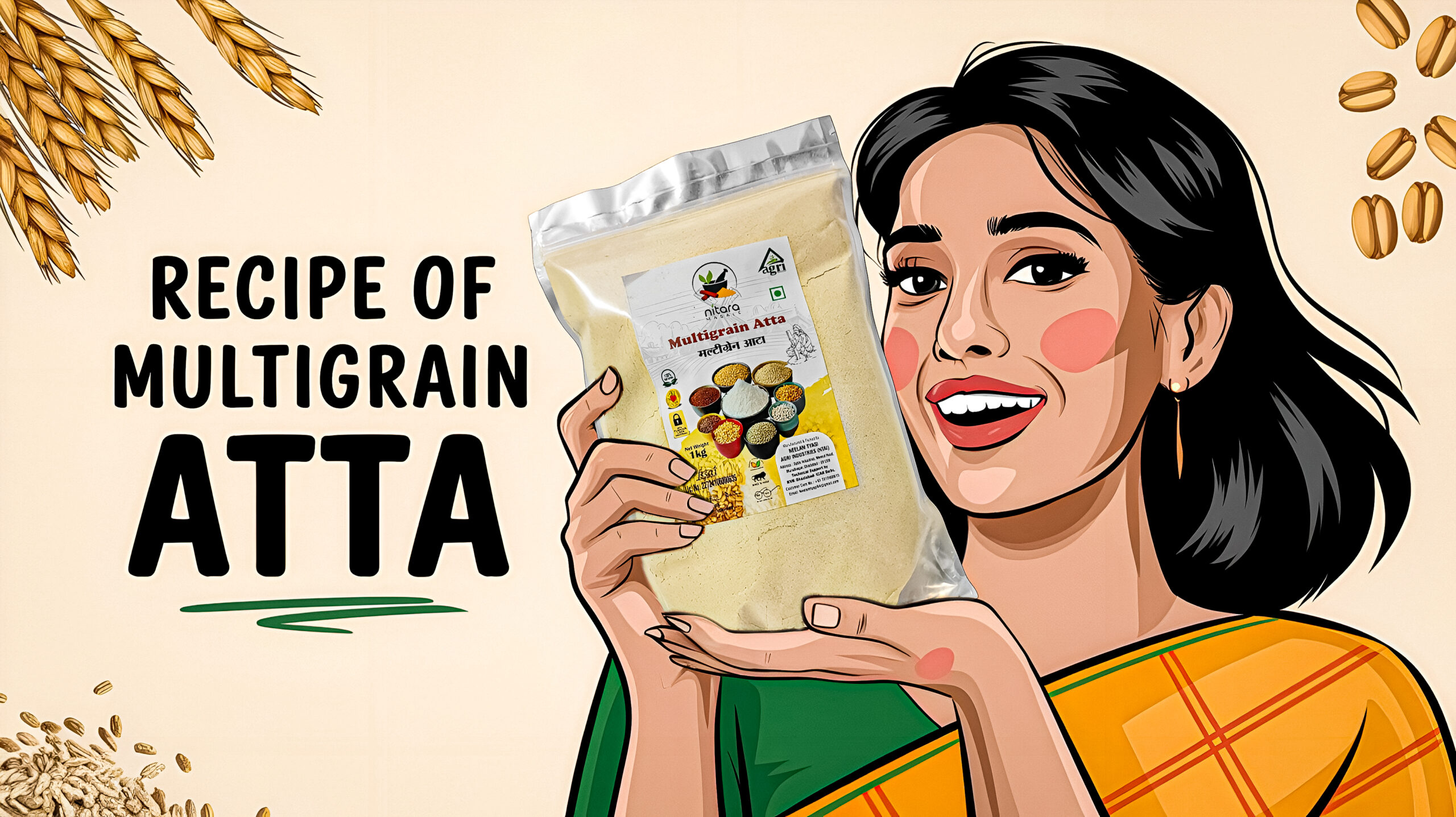 Illustrated woman in a green and yellow saree holding a packet of Nitara Multigrain Atta, smiling. The text reads "Recipe of Multigrain Atta" with wheat grains in the background.